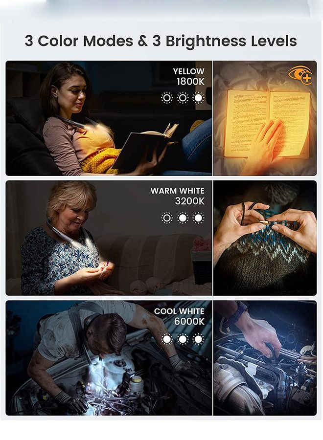 LED Neck Reading Light, Book Light for Reading in Bed, 3 Colors, 6 Brightness Levels, Bendable Arms, Rechargeable, Long Lasting, Perfect for Reading, Knitting, Camping, Repairing