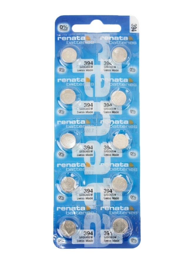 Renata wristwatch battery - Swiss made, 1.55V button cell, Renata Long Life Battery, Strap (10 pcs) 394-3, SR936SW - Image 1