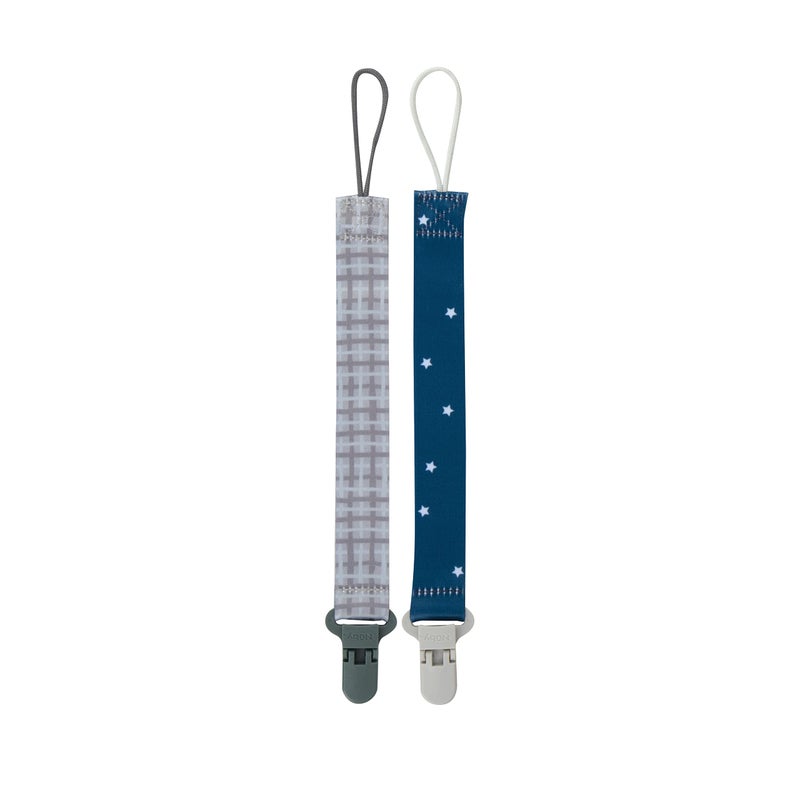 Nuby Pacifinder Baby Pacifier Clip - (2-Pack) - Pacifier Holder Clip with Convenient Hook Loop - Gray Plaid and Blue Stars - Image 1