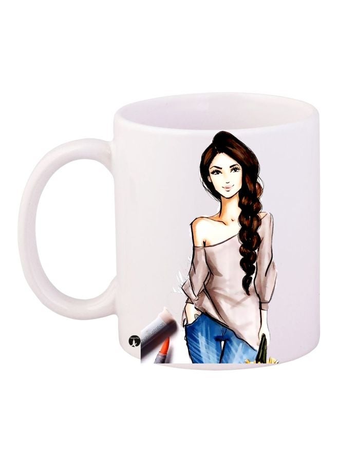 RYN Animated Girl Printed Coffee Mug White/Blue/Brown 11ounce