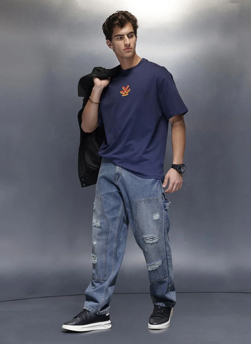 روجن Classic Back Printed T-Shirt   |  Navy Blue