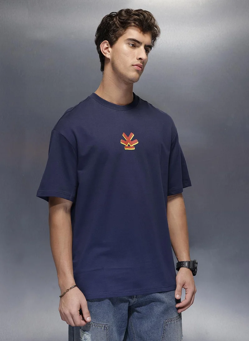روجن Classic Back Printed T-Shirt   |  Navy Blue