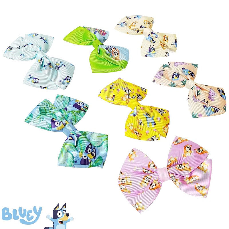 Luv Her Bluey Kids Hair Bows Hair Accessories Gift Set Bluey Hair Bow 7 Pcs 4 Inch Bow Bundle HairBows for Girls Different Bluey print on each clip Alligator Clip Ages 3 - Image 2