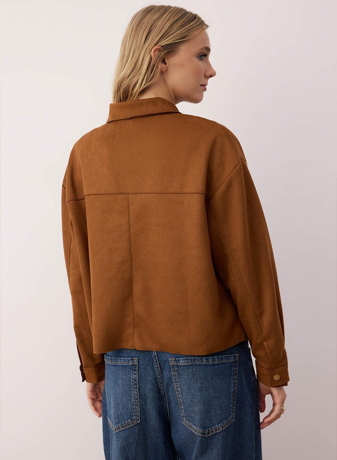 trendyol Brown Gold Button Detailed Suede Shirt Jacket - Image 4