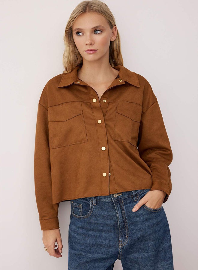 trendyol Brown Gold Button Detailed Suede Shirt Jacket - Image 1