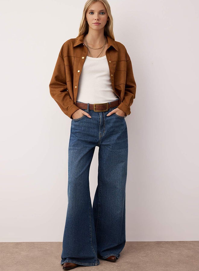 trendyol Brown Gold Button Detailed Suede Shirt Jacket - Image 2