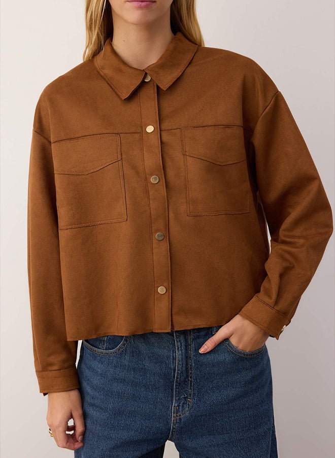trendyol Brown Gold Button Detailed Suede Shirt Jacket - Image 3