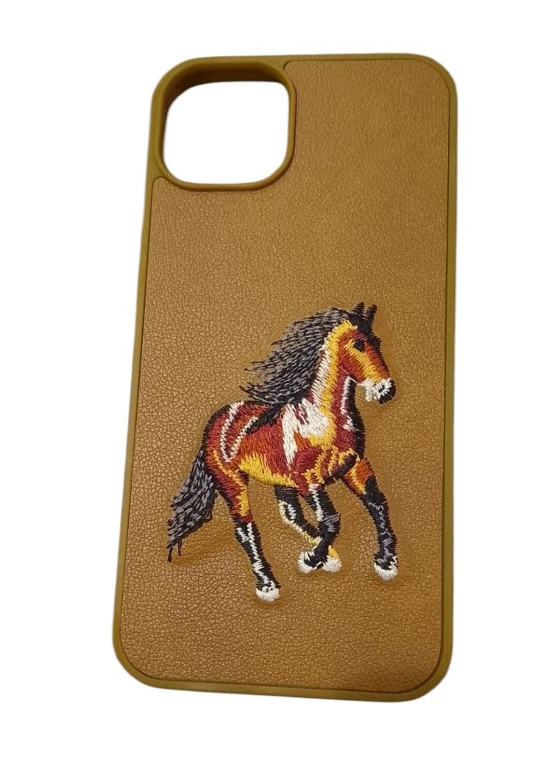 كيس جراب هاتف مضاد للصدمات بتصميم تطريز حصان لهاتف آيفون 14 بلس باللون بني