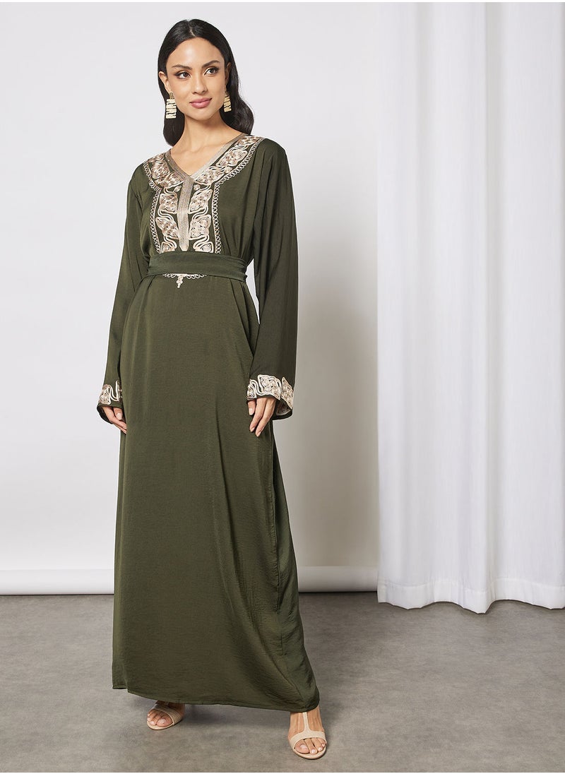 Hayat - Jalabiya With  Floral Embroidery In Full Sleeves With Belt - Image 1