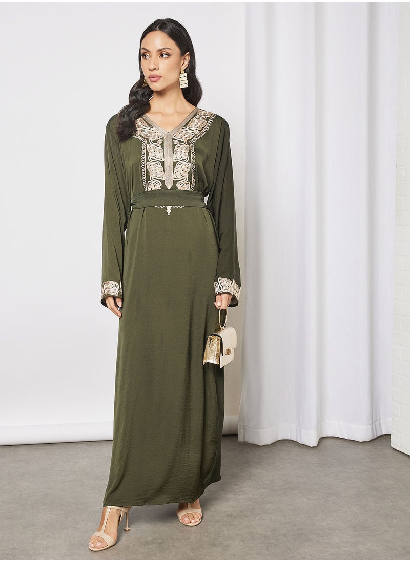 Hayat - Jalabiya With  Floral Embroidery In Full Sleeves With Belt - Image 1