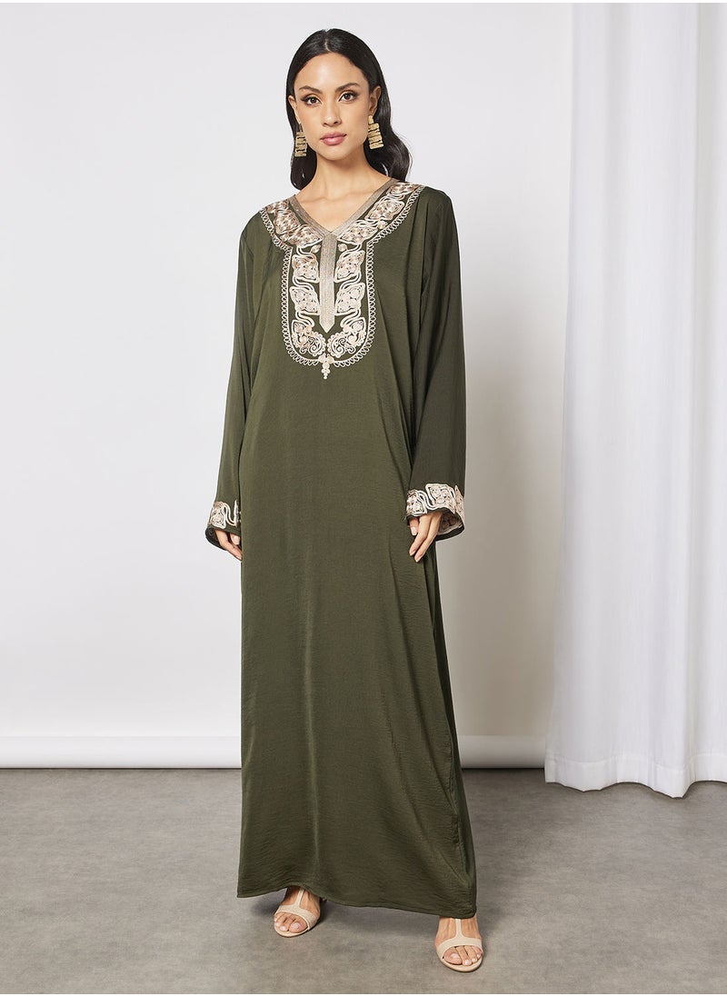 Hayat - Jalabiya With  Floral Embroidery In Full Sleeves With Belt - Image 1