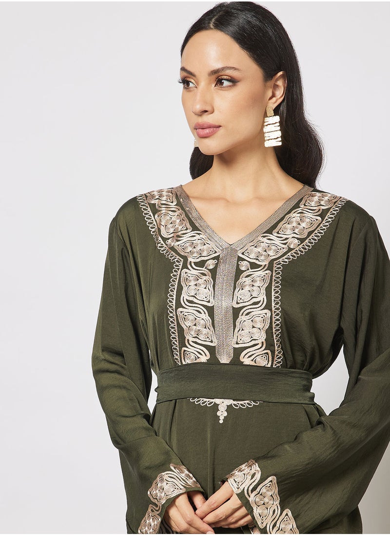 Hayat - Jalabiya With  Floral Embroidery In Full Sleeves With Belt - Image 1