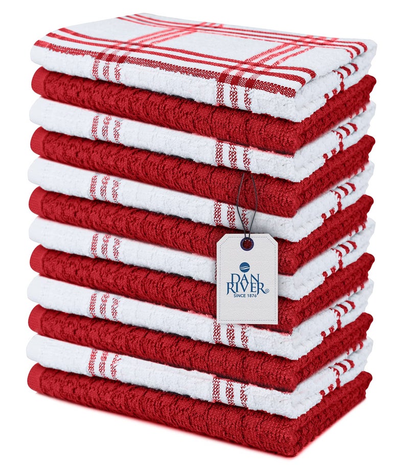 DAN RIVER Kitchen Wash Cloths for Dishes  Pack of 12 16x26 Inches  Super Soft Highly Absorbent Quick Dry Smell Free Rags Kitchen Towels and Dishcloths Sets for Cleaning  Red