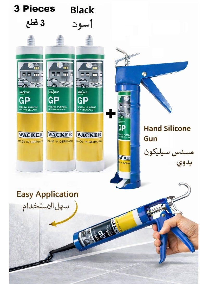 WACKER Hand Caulking Gun Heavy Duty Silicone Glue Gun 9 Inch With 3 Pieces Wacker Germany Silicone Sealant General Purpose GP Black 280 ml - Image 1