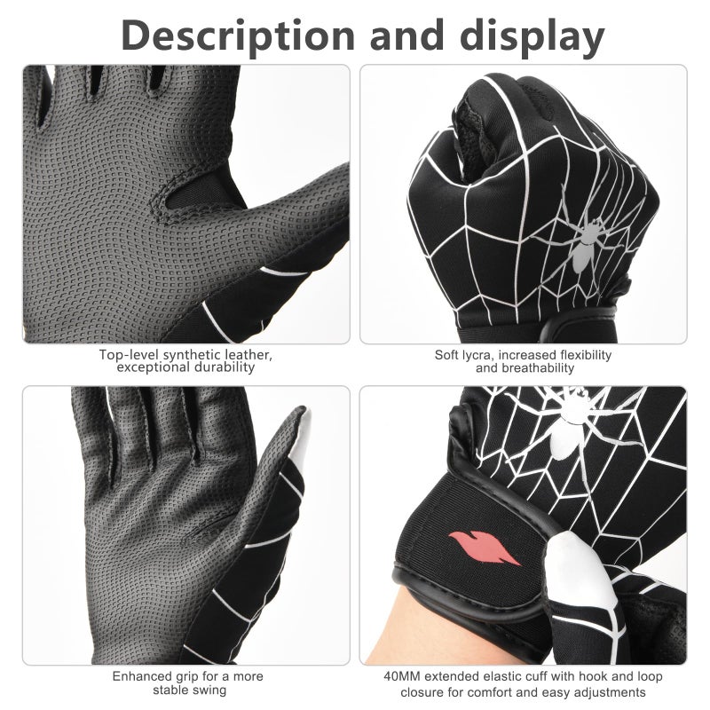 RSPGO Kids Baseball & Softball Batting Gloves for Youth Boys with Stretch Fit, Spider Black M/L - Image 3