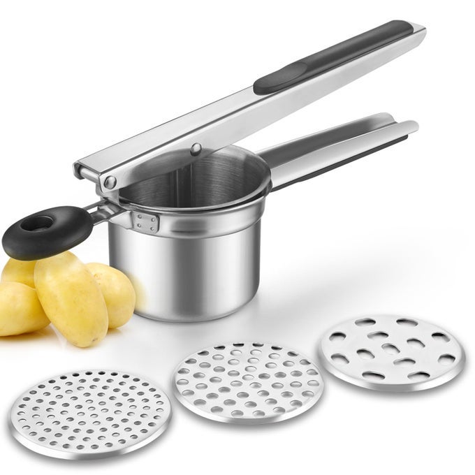 POTATO RICER STAINLESS STEEL FRUIT AND VEGETABLES MASHER FOOD RICER LARGE CAPACITY WITH 3 INTERCHANGEABLE DISCS INNER CUP