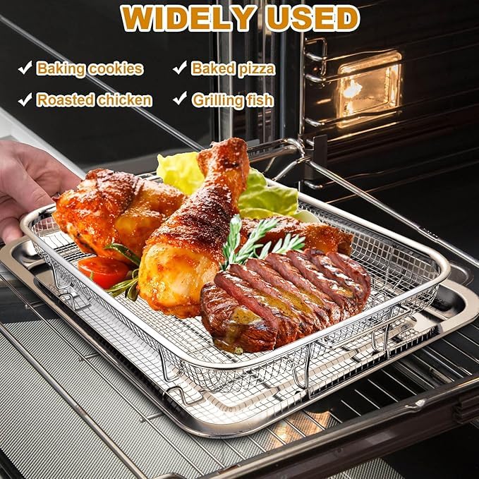 SHREESAMP Air Fryer Basket for Oven Stainless Steel Air Fryer Accessories Oven Rack and Crisper Tray, Non-Stick Air Fryer Accessories Pans Tray for Oven for French Fried/Frozen Food - 2 Piece Set - Image 4