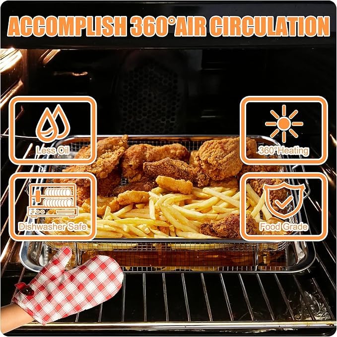 SHREESAMP Air Fryer Basket for Oven Stainless Steel Air Fryer Accessories Oven Rack and Crisper Tray, Non-Stick Air Fryer Accessories Pans Tray for Oven for French Fried/Frozen Food - 2 Piece Set - Image 2