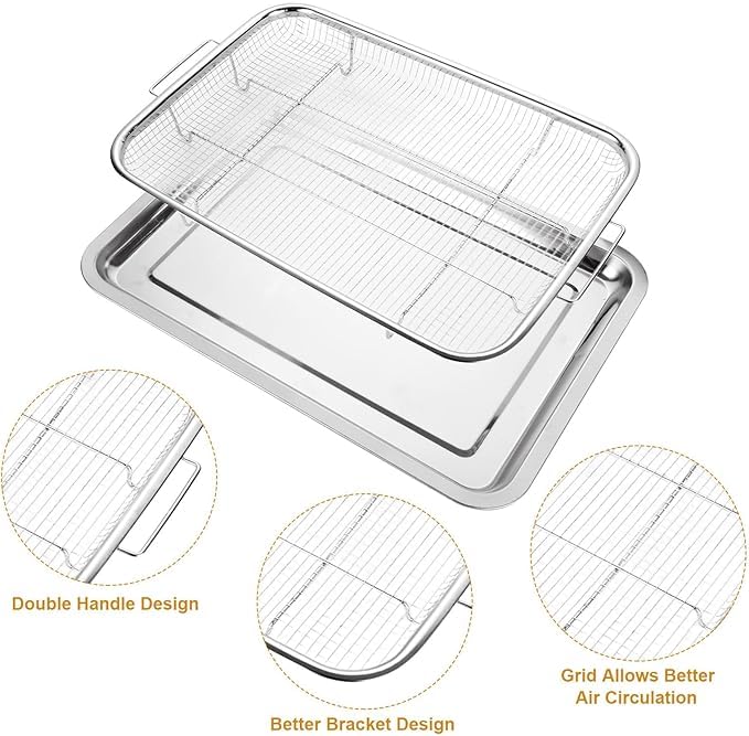 SHREESAMP Air Fryer Basket for Oven Stainless Steel Air Fryer Accessories Oven Rack and Crisper Tray, Non-Stick Air Fryer Accessories Pans Tray for Oven for French Fried/Frozen Food - 2 Piece Set - Image 3