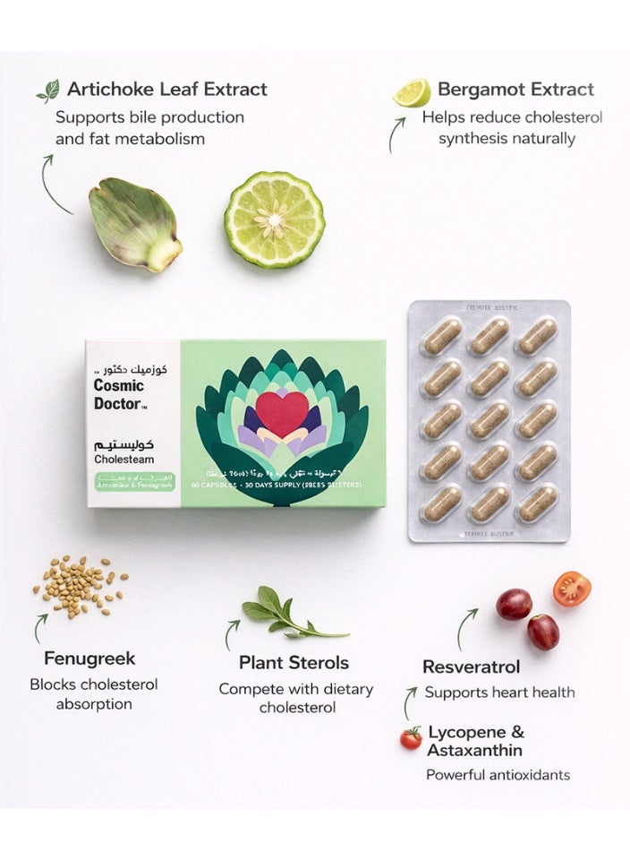 Cosmic Doctor Cholesteam Food-First Heart Health Supplement, Plant Sterols with Artichoke, Bergamot & Fenugreek, Vegan, 60 Capsules - Image 3