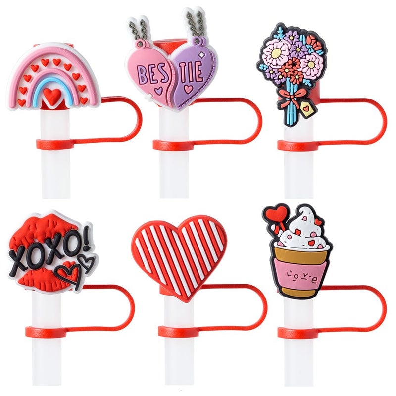 BULKITEM 6Pcs Valentines Day Straw Cover Cap for Stanley Cup 10mm Reusable Cute Pink Drinking Straw Topper Accessories Portable Protector Plugs Decorations Gifts for Kids Party Favors