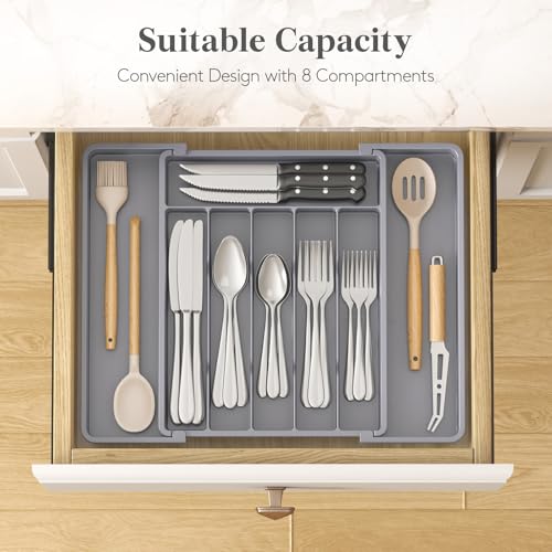 Lifewit Silverware Drawer Organizer, Expandable Utensil Tray for Kitchen, BPA Free Flatware and Cutlery Holder, Adjustable Plastic Storage for Spoons Forks Knives, 10.9"-17.5" x 13.7", Gray - Image 3