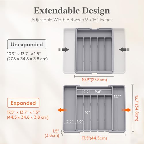 Lifewit Silverware Drawer Organizer, Expandable Utensil Tray for Kitchen, BPA Free Flatware and Cutlery Holder, Adjustable Plastic Storage for Spoons Forks Knives, 10.9"-17.5" x 13.7", Gray - Image 2