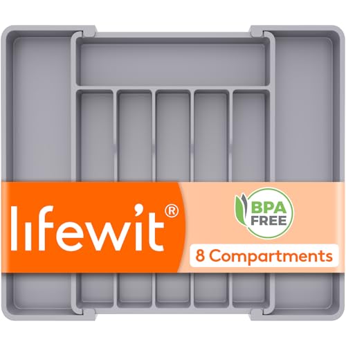 Lifewit Silverware Drawer Organizer, Expandable Utensil Tray for Kitchen, BPA Free Flatware and Cutlery Holder, Adjustable Plastic Storage for Spoons Forks Knives, 10.9"-17.5" x 13.7", Gray - Image 1