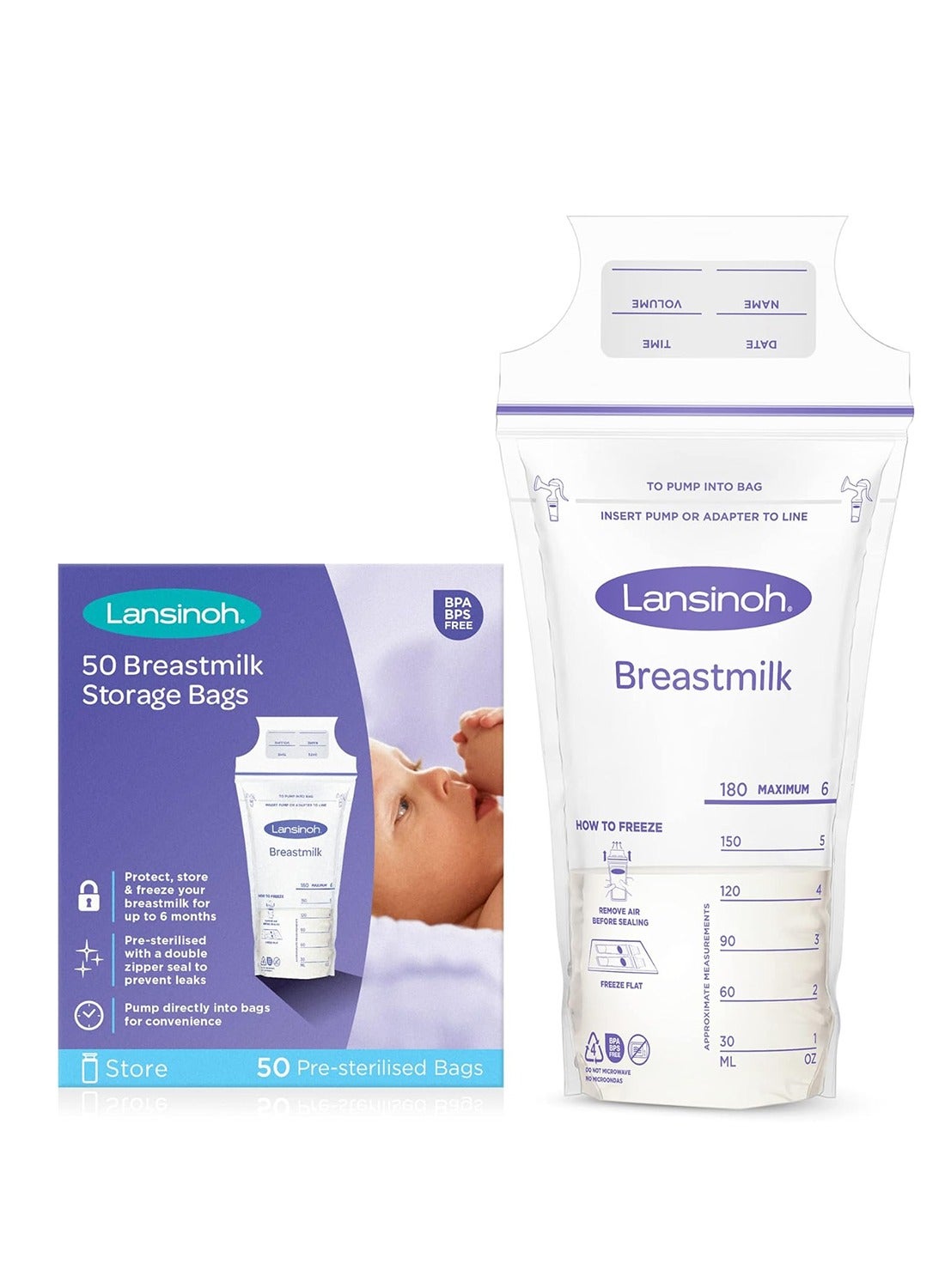 Lansinoh Breastmilk Storage Bag 180ml, 50 Counts,‎ BPA Free, Preserves Essential Breastmilk Nutrients, Reinforced Seams to Prevent Leaks