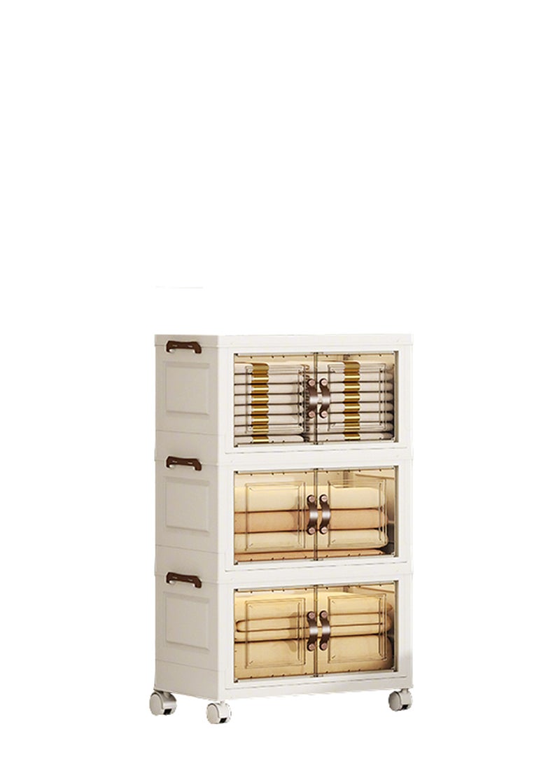 Ollieroo Three-Tier Foldable Plastic Storage Cabinet with Wheels – PP Organizer with Transparent Magnetic Doors, Stackable and Space-Saving Design for Kitchen, Bedroom, or Living Room, 40 × 26.5 × 66 cm - Image 1