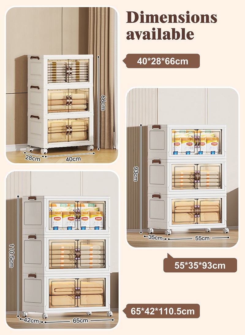 Ollieroo Three-Tier Foldable Plastic Storage Cabinet with Wheels – PP Organizer with Transparent Magnetic Doors, Stackable and Space-Saving Design for Kitchen, Bedroom, or Living Room, 40 × 26.5 × 66 cm - Image 3