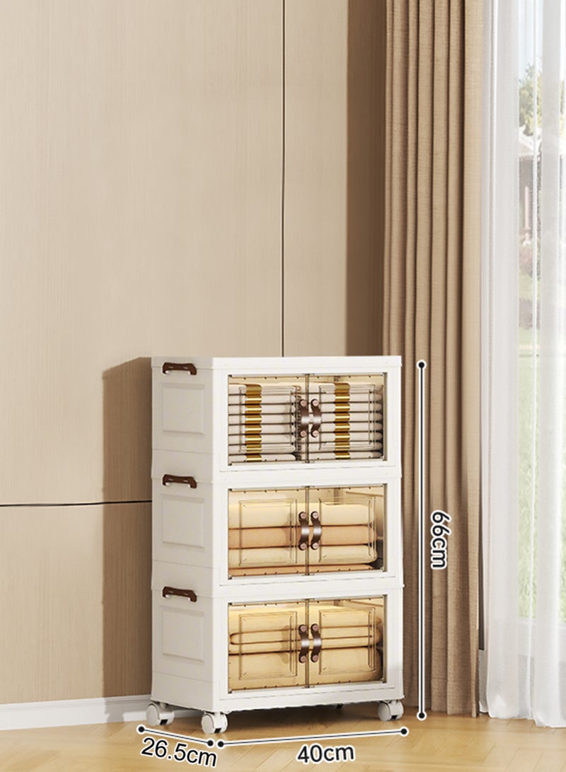 Ollieroo Three-Tier Foldable Plastic Storage Cabinet with Wheels – PP Organizer with Transparent Magnetic Doors, Stackable and Space-Saving Design for Kitchen, Bedroom, or Living Room, 40 × 26.5 × 66 cm - Image 2