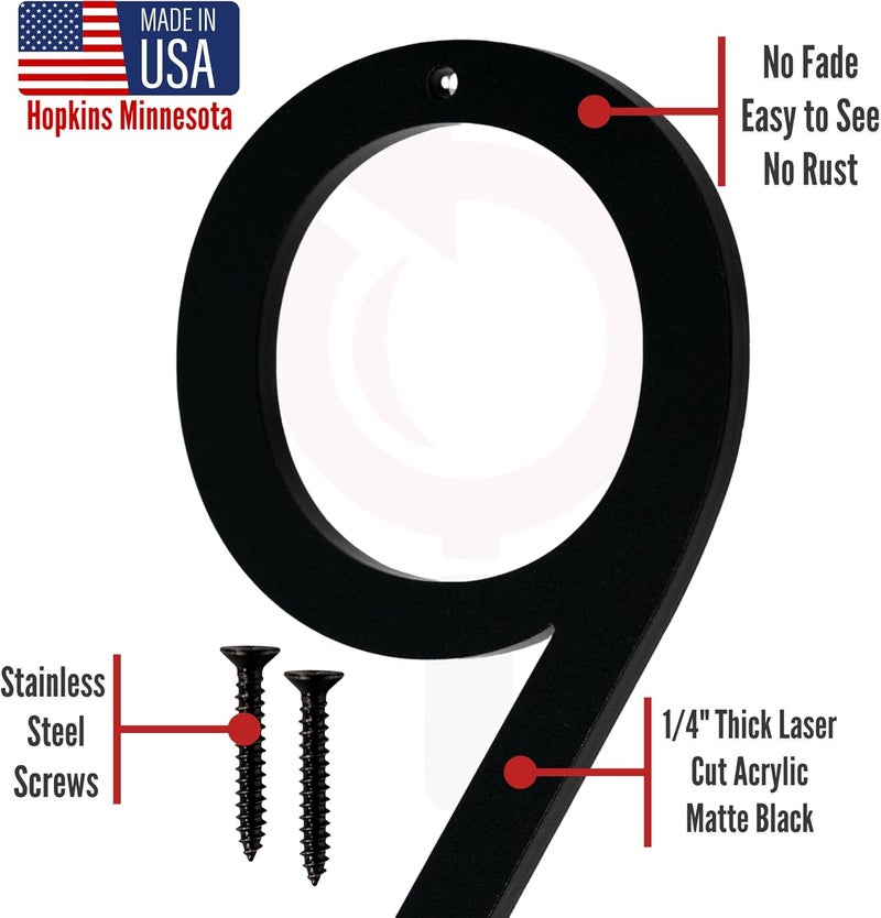 Discovered Designs 6" (9) Modern Address House Numbers for Outside - Easy to Install 3D Matte Black Acrylic Individual Numbers for Address on House, Weatherproof No Rust, Made in USA, Includes 2 - 3/4" Screws, Door Mailbox Number Home Address Number - Image 4