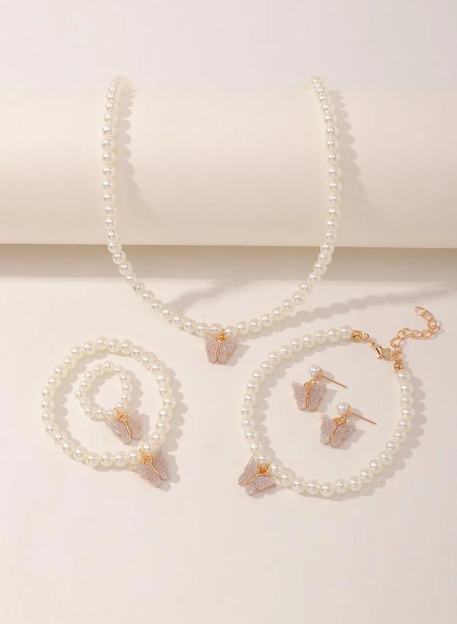 Pack of 5 - Girls Sequin Butterfly Charm Pearl Necklace, Bracelet, Ring and Earrings Set