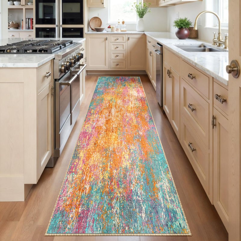 RELEANY Washable Area Rugs 2'x6' Non-Slip Modern Abstract Soft for Living Room Entryway Bedroom Nursery  Print Pattern  Orange Blue Pink Yellow Colorful - Image 1