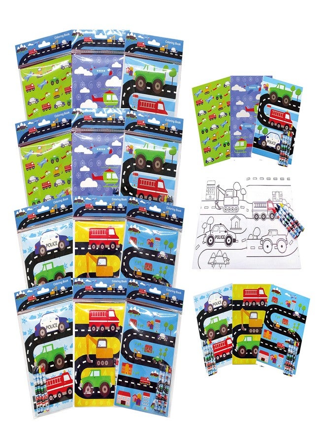 TINYMILLS Transportation Vehicles Trains and Construction Coloring Book for Kids Party Favor Set with 12 Coloring Books and 48 Crayons Birthday Party Supplies Cars Bag Fillers - Image 1