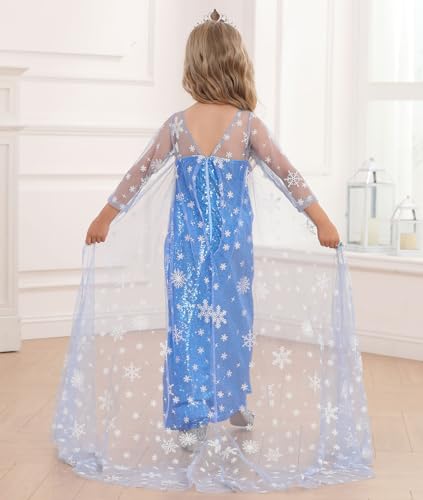 Luzlen Snow Princess Dress for Girls Toddler Queen Costume Halloween Christmas Cosplay Birthday Party Outfits Kids Blue, 3-4T(Tag 110) - Image 4