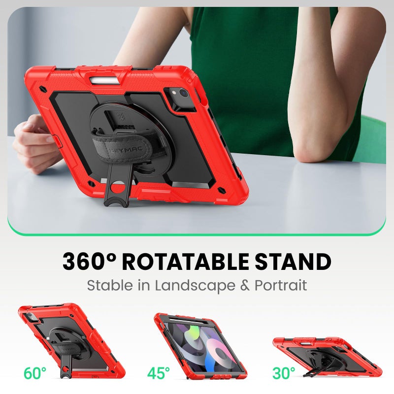 SEYMAC Case for iPad Air 5th/4th Generation 10.9 Inch, Full-Body Heavy Duty Protective Case with Rotating Stand, Screen Protector and Hand/Shoulder Strap for Air 5/ Air 4, Red - Image 4