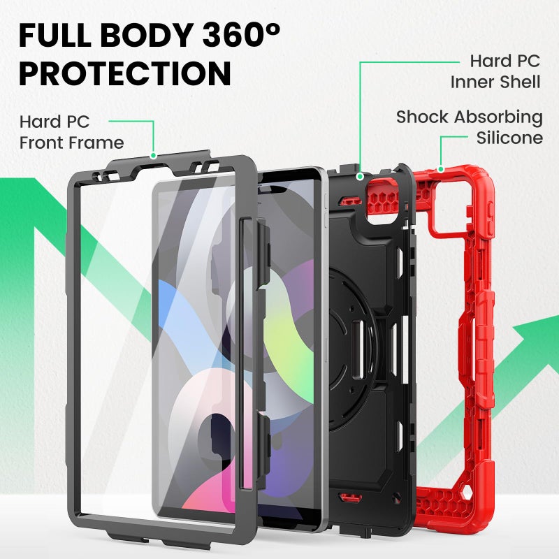SEYMAC Case for iPad Air 5th/4th Generation 10.9 Inch, Full-Body Heavy Duty Protective Case with Rotating Stand, Screen Protector and Hand/Shoulder Strap for Air 5/ Air 4, Red - Image 5