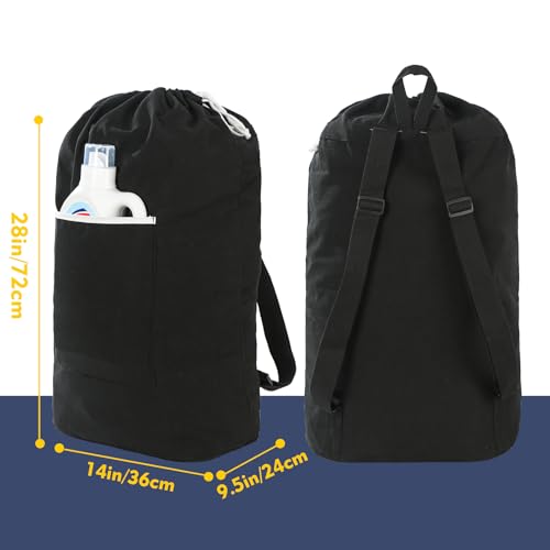 GORISEN Canvas Laundry bag, Washable Laundry backpack, Adjustable Straps, Large Front Pocket, Drawstring Closure (BLACK, X-Large) - Image 2