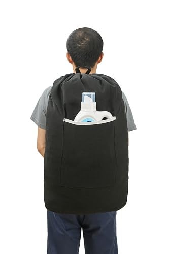 GORISEN Canvas Laundry bag, Washable Laundry backpack, Adjustable Straps, Large Front Pocket, Drawstring Closure (BLACK, X-Large) - Image 4
