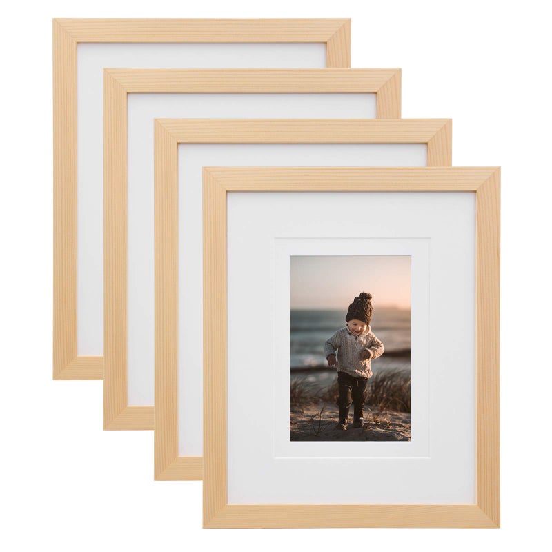 KINLINK 8x10 Picture Frames Natural Wood Frames with Acrylic Plexiglass for Pictures 4x65x7 with Mat or 8x10 without Mat Tabletop and Wall Mounting Display Set of 4