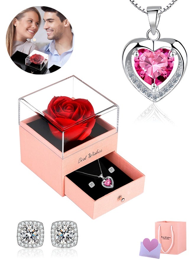 ليمون مجموعة هدايا من الزهور المحفوظة: وردة حمراء دائمة مع قلادة وأقراط للأم والابنة والزوجة في ذكرى زواجهما وأعياد ميلادهما. - Image 1