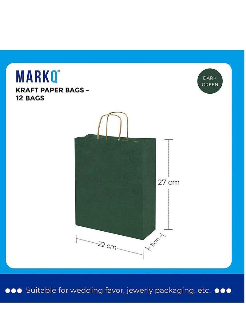 MARKQ Dark Green Paper bags with handles 27 x 22 x 11 cm Large Kraft Gift bags for Birthday Party Favors Weddings Retail Baby Shower 12 Bags - Image 2