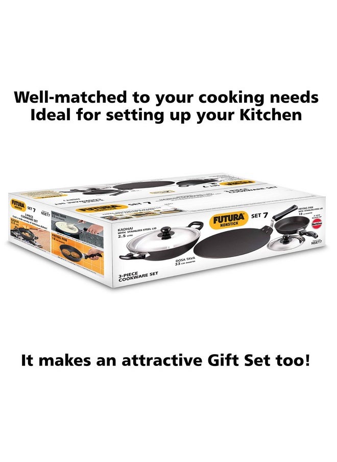 Hawkins Hawkins Futura 3 Pieces Cookware Set 7 - Non Stick Dosa Tava, Frying Pan, Kadhai and Two Stainless Steel Lids, Black (NSET7)  - Image 3