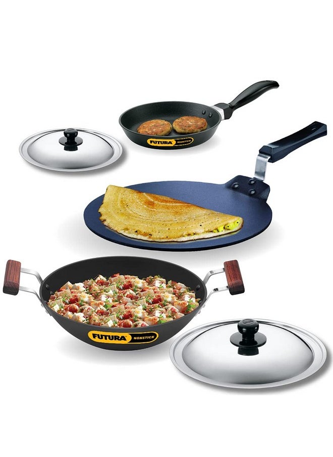 Hawkins Hawkins Futura 3 Pieces Cookware Set 7 - Non Stick Dosa Tava, Frying Pan, Kadhai and Two Stainless Steel Lids, Black (NSET7)  - Image 1
