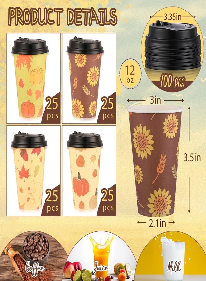 Zopeal 100 Pieces Disposable Coffee Cups with Lids 12 oz Paper Hot Cup 4 Fall Design Patterns Cute Cups for Hot Tea Beverage Water Juice Dinner Dinner Wedding Event Decorations Thanksgiving Party - Image 2