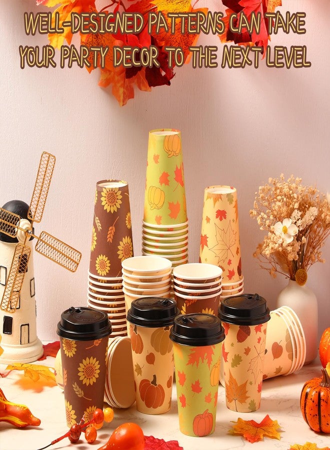 Zopeal 100 Pieces Disposable Coffee Cups with Lids 12 oz Paper Hot Cup 4 Fall Design Patterns Cute Cups for Hot Tea Beverage Water Juice Dinner Dinner Wedding Event Decorations Thanksgiving Party - Image 5