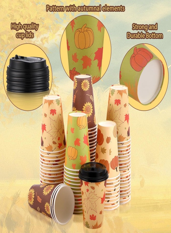 Zopeal 100 Pieces Disposable Coffee Cups with Lids 12 oz Paper Hot Cup 4 Fall Design Patterns Cute Cups for Hot Tea Beverage Water Juice Dinner Dinner Wedding Event Decorations Thanksgiving Party - Image 3