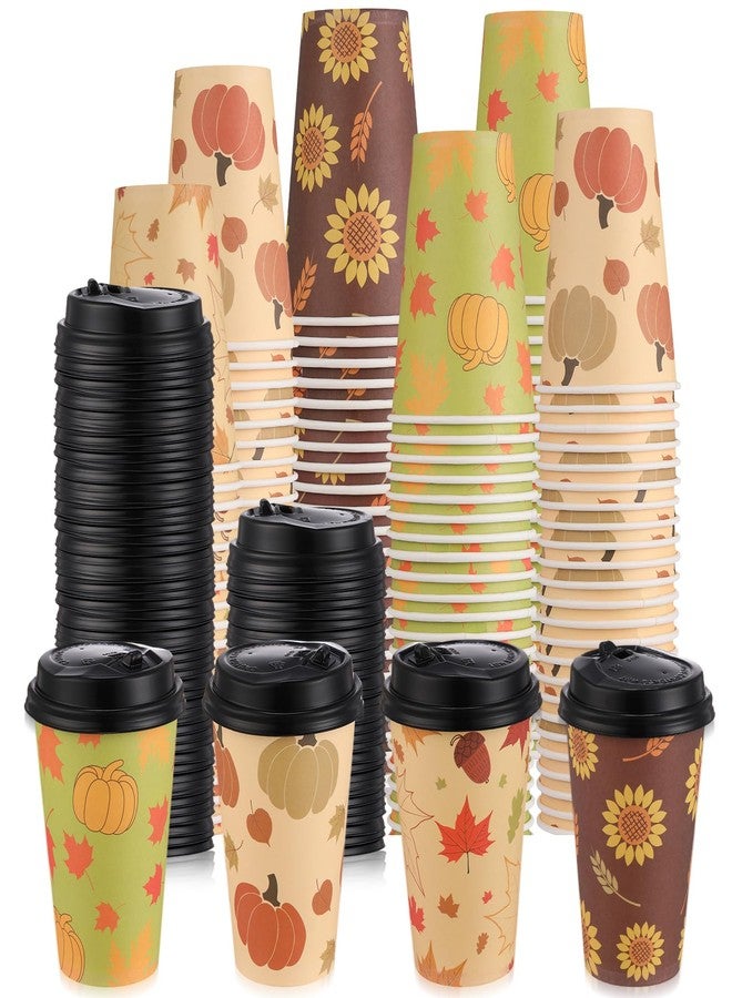 Zopeal 100 Pieces Disposable Coffee Cups with Lids 12 oz Paper Hot Cup 4 Fall Design Patterns Cute Cups for Hot Tea Beverage Water Juice Dinner Dinner Wedding Event Decorations Thanksgiving Party - Image 1